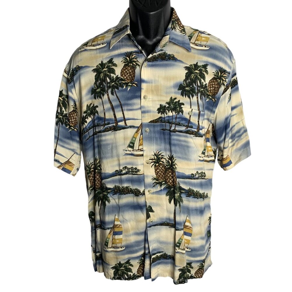 Vintage 90s UBC Button Up Hawaiian Camp Shirt M Cream Short Sleeves Pineapples